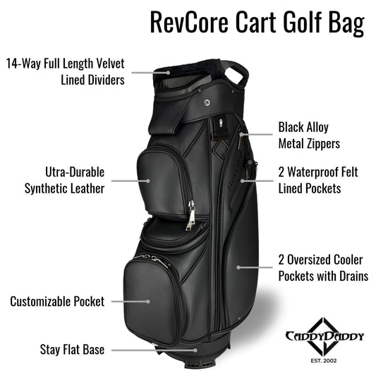 Black golf bag with features labeled on a white background, featuring CaddyDaddy branding.