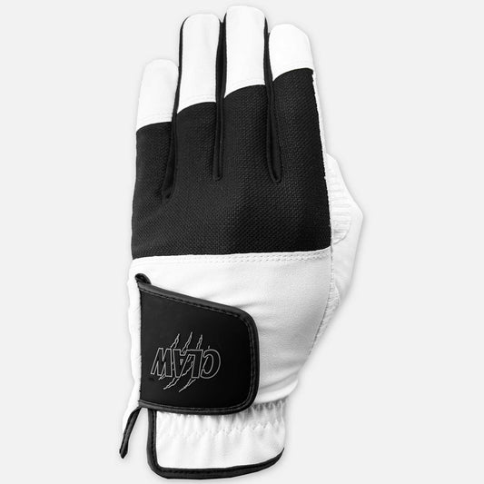 Black and white glove with a brand logo on a light gray background