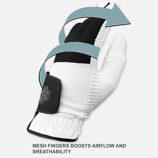 White glove with mesh fingers and black patch, featuring an arrow and text on a white background.