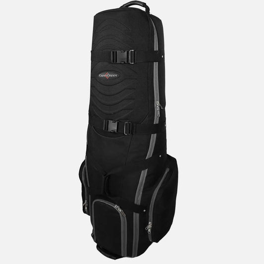 Black golf bag with a visible brand logo on a white background