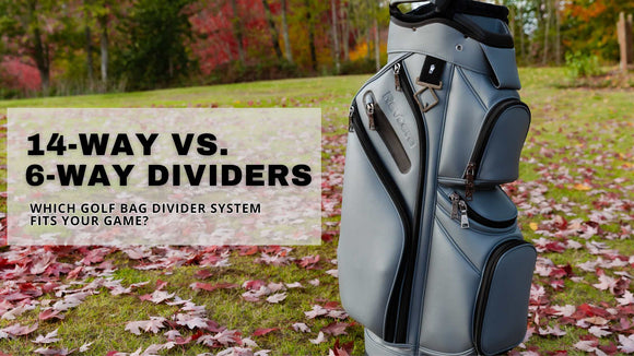 CaddyDaddy RevCore golf bag in gray displayed on a fall golf course with colorful leaves, alongside text reading ‘14-Way vs. 6-Way Dividers — Which Golf Bag Divider System Fits Your Game?