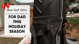Close-up of the CaddyDaddy Enforcer golf travel bag with a red bow graphic and text reading ‘Best Golf Gifts for Dad This Holiday Season’—perfect cover image for a holiday golf gift guide.