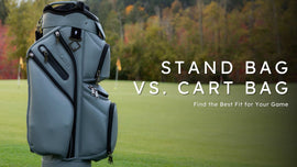 CaddyDaddy RevCore golf bag in gray displayed on a putting green with fall trees in the background and the text ‘Stand Bag vs. Cart Bag’ overlaid.