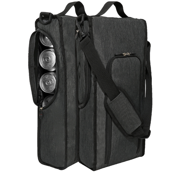 Black backpack with multiple compartments and a shoulder strap on a white background