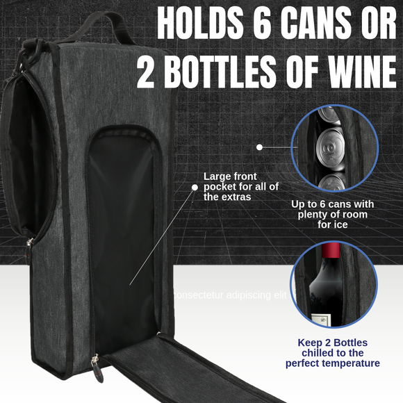 Black cooler bag with features highlighted on a dark grid background