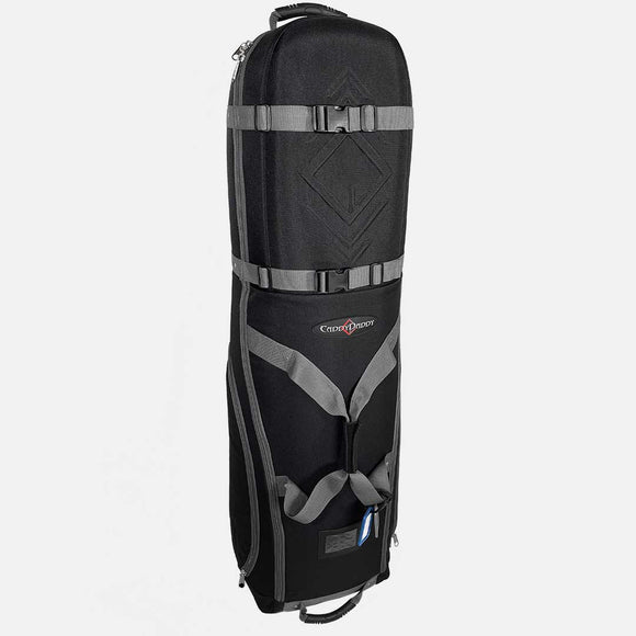 Black and gray golf bag with a visible brand logo on a white background