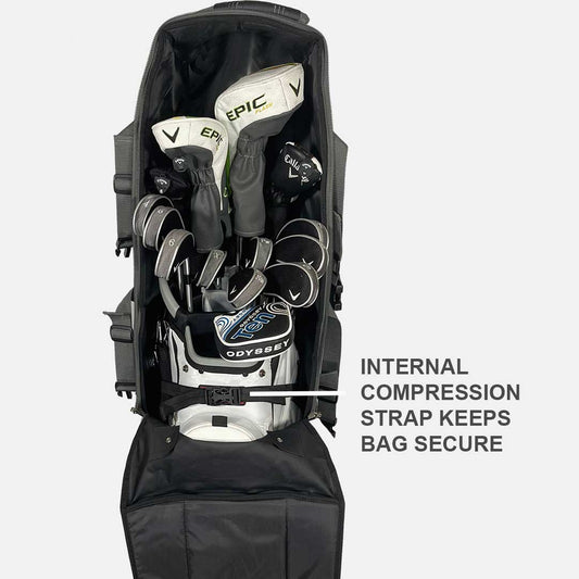 Black golf bag with golf clubs and text 'Internal compression strap keeps bag secure' on a white background