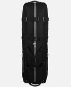 Black travel bag with multiple straps and zippers on a white background