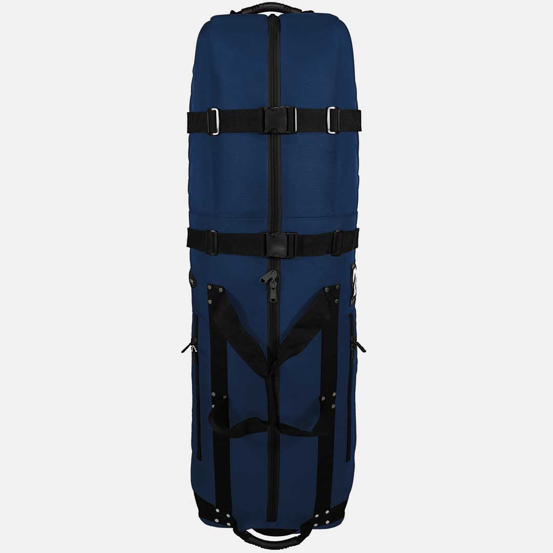 Blue travel bag with black straps on a white background