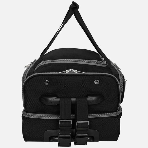 Black duffel bag with straps on a white background