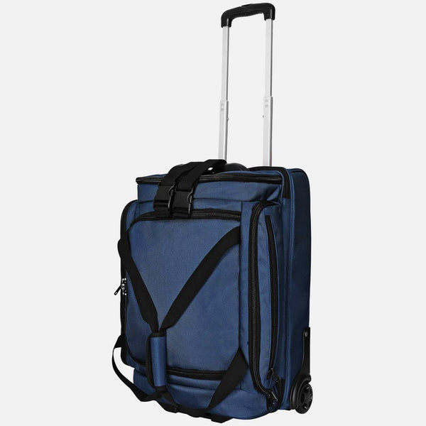 Blue suitcase with black straps on a white background