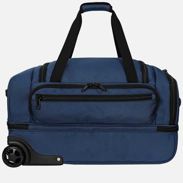 Blue rolling suitcase with black handles and wheels on a white background