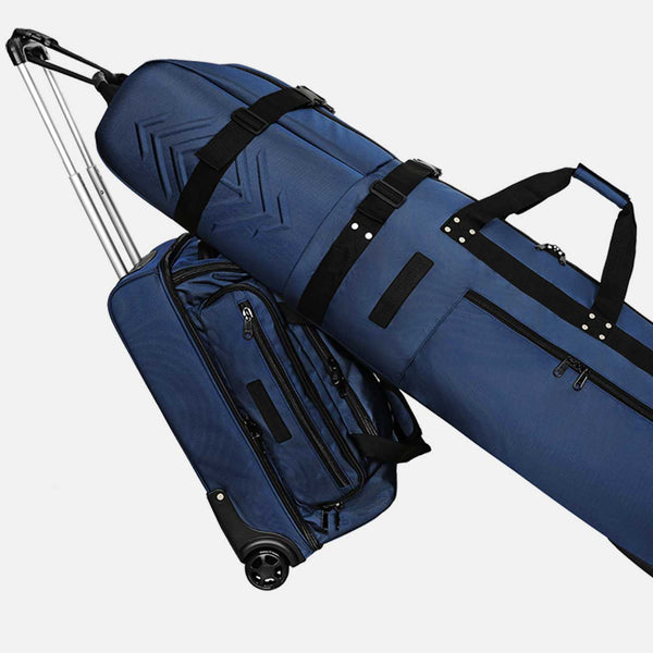 Blue rolling suitcase with a golf bag on top against a white background